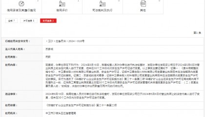 中卫泰合耐火材料有限公司被罚款12000元